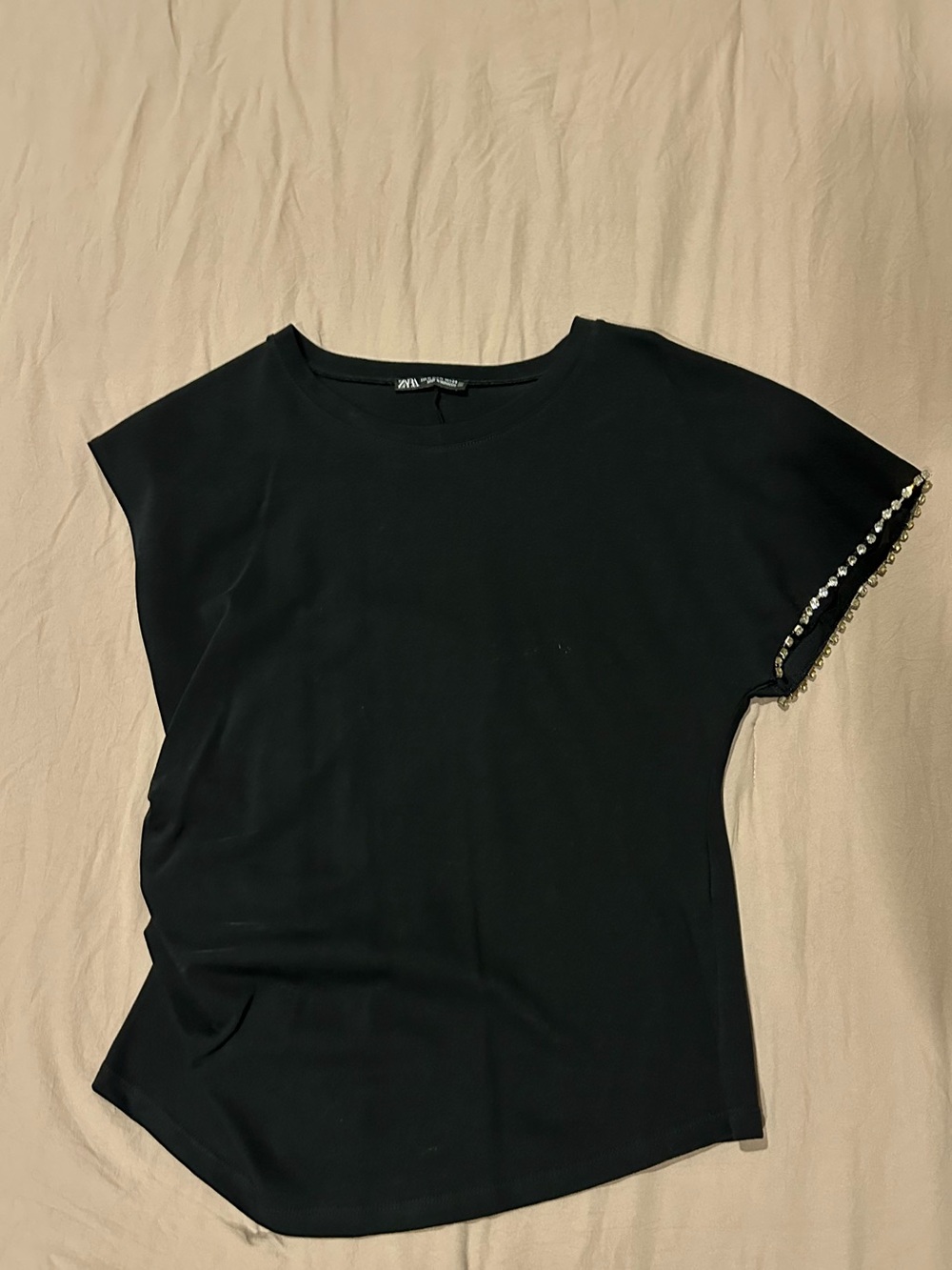 Zara Black Short Sleeve Tee with Pearl-Trim